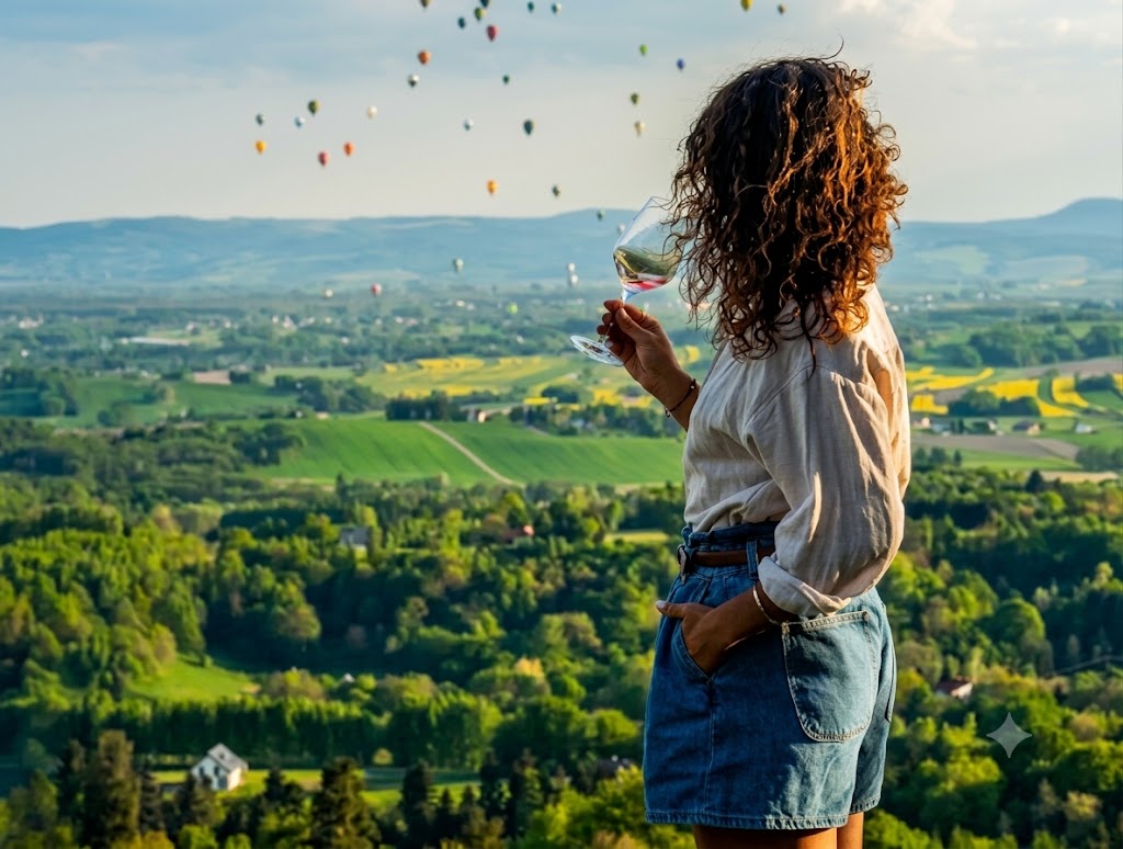 Kieliszek wina na tle panoramy Podkarpackiej Toskanii